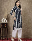 Navy Blue Floral Printed Thread Work Cotton Straight Kurta