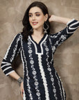 Navy Blue Floral Printed Thread Work Cotton Straight Kurta