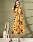 Women Printed Shirt Collar A-Line Cotton Midi Dress