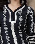 Navy Blue Floral Printed Thread Work Cotton Straight Kurta