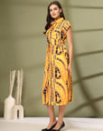 Women Printed Shirt Collar A-Line Cotton Midi Dress