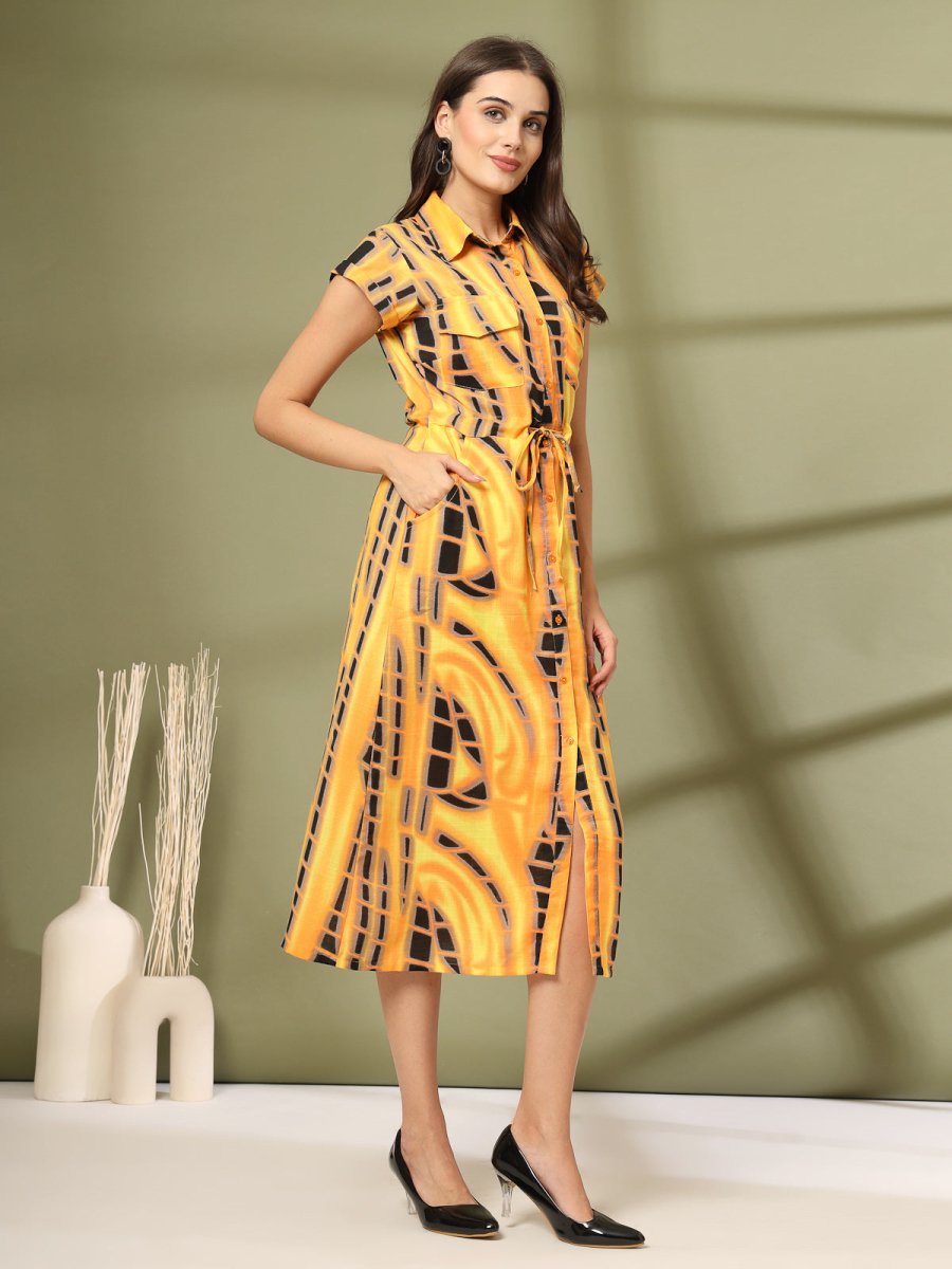 Women Printed Shirt Collar A-Line Cotton Midi Dress