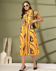 Women Printed Shirt Collar A-Line Cotton Midi Dress