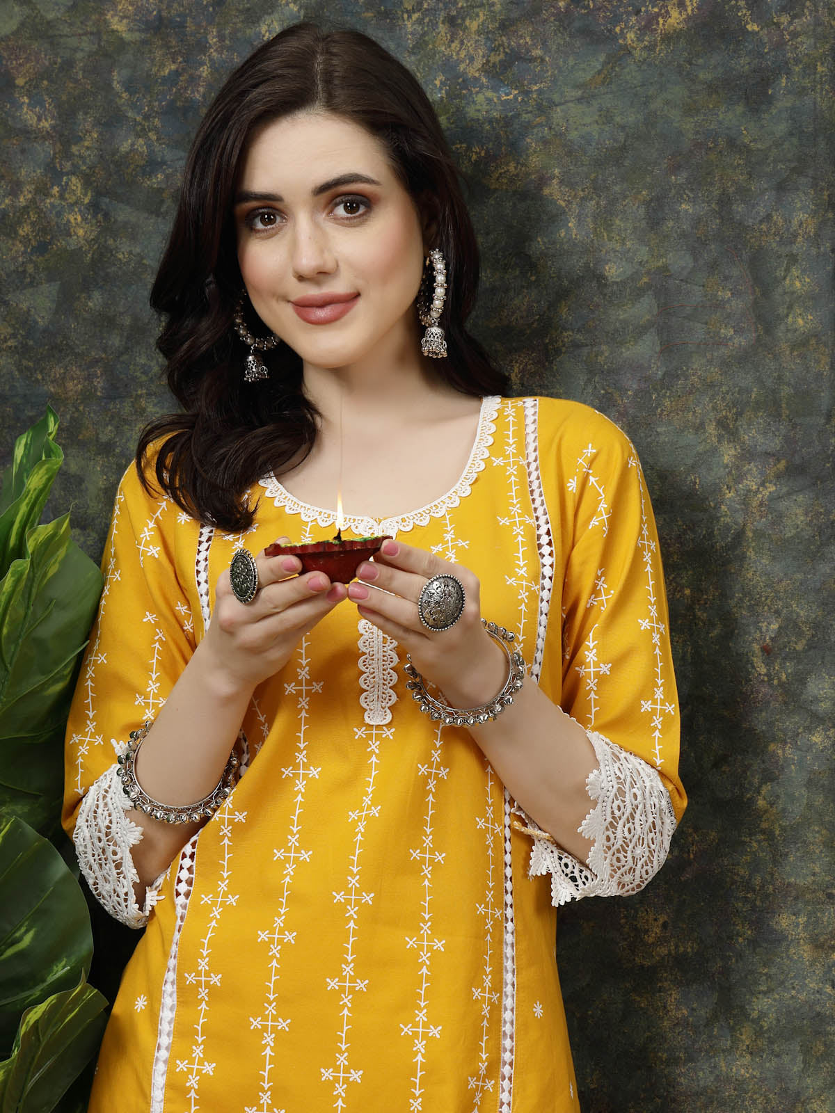 Mustard Yellow &amp; White Ethnic Motifs Printed Pure Cotton A Line Kurta