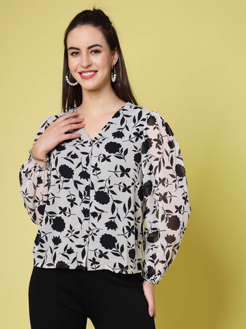 White Floral Printed V-Neck Puff Sleeve Buttoned Top Style Top