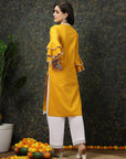 Mustard Yellow Floral Printed V-Neck Bell Sleeves Straight Kurta