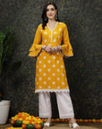 Mustard Yellow Floral Printed V-Neck Bell Sleeves Straight Kurta