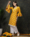 Mustard Yellow Floral Printed V-Neck Bell Sleeves Straight Kurta