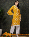 Mustard Yellow Floral Printed V-Neck Bell Sleeves Straight Kurta