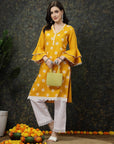 Mustard Yellow Floral Printed V-Neck Bell Sleeves Straight Kurta