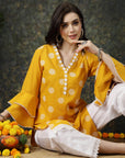 Mustard Yellow Floral Printed V-Neck Bell Sleeves Straight Kurta