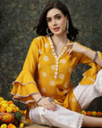 Mustard Yellow Floral Printed V-Neck Bell Sleeves Straight Kurta