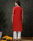 Red Floral Printed Thread Work Cotton Straight Kurta