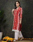 Red Floral Printed Thread Work Cotton Straight Kurta