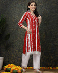 Red Floral Printed Thread Work Cotton Straight Kurta