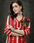 Red Floral Printed Thread Work Cotton Straight Kurta