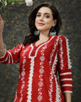 Red Floral Printed Thread Work Cotton Straight Kurta