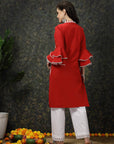 Red Floral Printed Flared Sleeves Thread Work Cotton Straight Kurta