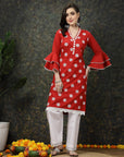 Red Floral Printed Flared Sleeves Thread Work Cotton Straight Kurta