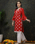 Red Floral Printed Flared Sleeves Thread Work Cotton Straight Kurta