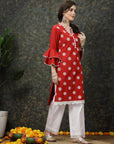 Red Floral Printed Flared Sleeves Thread Work Cotton Straight Kurta