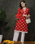 Red Floral Printed Flared Sleeves Thread Work Cotton Straight Kurta