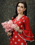 Red Floral Printed Flared Sleeves Thread Work Cotton Straight Kurta