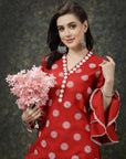 Red Floral Printed Flared Sleeves Thread Work Cotton Straight Kurta