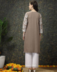 Brown & White Floral Printed Cotton Straight Kurta