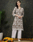 Brown & White Floral Printed Cotton Straight Kurta