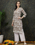 Brown & White Floral Printed Cotton Straight Kurta