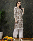 Brown & White Floral Printed Cotton Straight Kurta