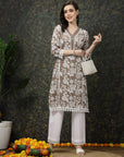 Brown & White Floral Printed Cotton Straight Kurta