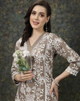 Brown & White Floral Printed Cotton Straight Kurta