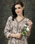 Brown & White Floral Printed Cotton Straight Kurta