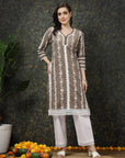 Brown  White Ethnic Motifs Printed Pure Cotton Straight Kurta