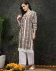 Brown  White Ethnic Motifs Printed Pure Cotton Straight Kurta