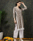Brown  White Ethnic Motifs Printed Pure Cotton Straight Kurta