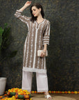Brown  White Ethnic Motifs Printed Pure Cotton Straight Kurta