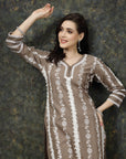 Brown  White Ethnic Motifs Printed Pure Cotton Straight Kurta