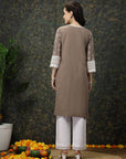 Brown & White Ethnic Motifs Printed Pure Cotton A Line Kurta