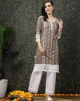 Brown & White Ethnic Motifs Printed Pure Cotton A Line Kurta