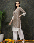 Brown & White Ethnic Motifs Printed Pure Cotton A Line Kurta