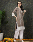 Brown & White Ethnic Motifs Printed Pure Cotton A Line Kurta