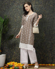 Brown & White Ethnic Motifs Printed Pure Cotton A Line Kurta