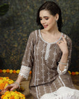 Brown & White Ethnic Motifs Printed Pure Cotton A Line Kurta