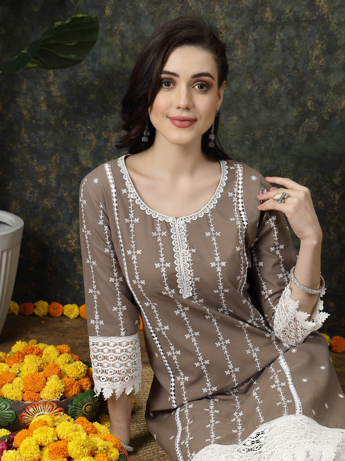 Brown &amp; White Ethnic Motifs Printed Pure Cotton A Line Kurta