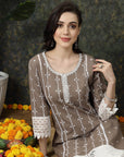 Brown & White Ethnic Motifs Printed Pure Cotton A Line Kurta