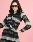 Abstract Print Cuffed Sleeves Shirt Style Dress