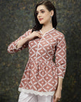 Pink  White Floral Printed Peplum Top